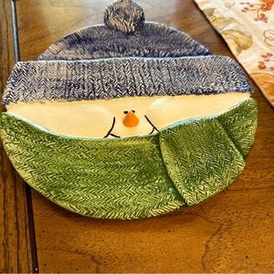 Snowman ceramic plate/ winter decor, beautifully textured 1999 piece